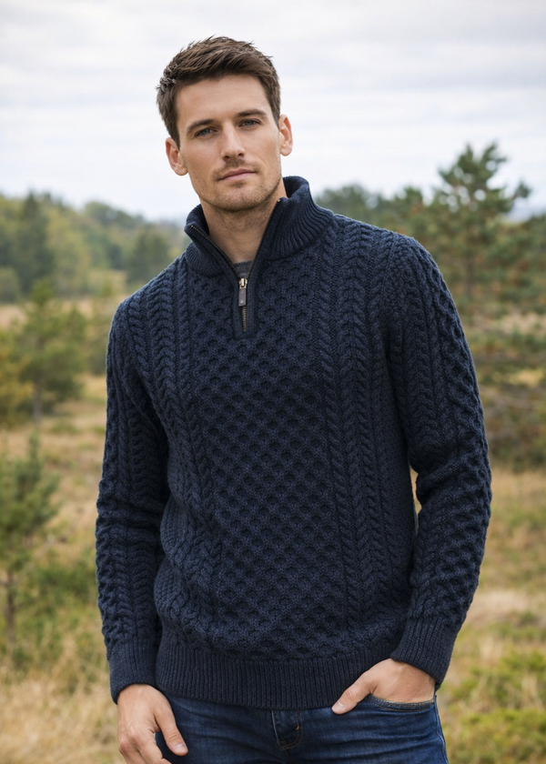 Men's Aran Half Zip Sweater - Blackwatch Navy Green | 100% Merino Wool