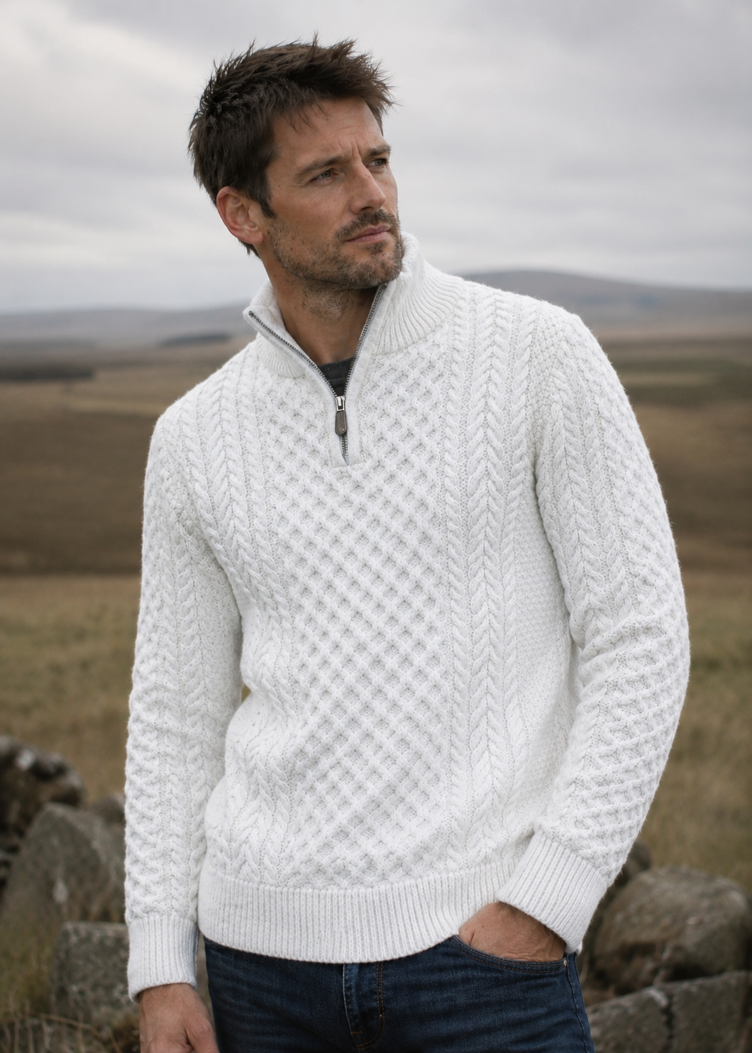 Men's Aran Half Zip Sweater - Natural | 100% Merino Wool | Cable Knit
