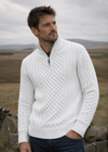 Men's Aran Half Zip Sweater - Natural | 100% Merino Wool | Cable Knit