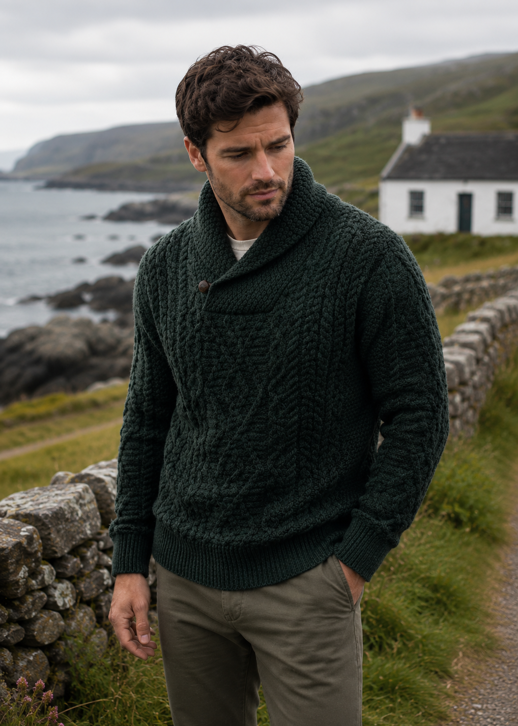 Men's Aran Shawl Neck Sweater | Army Green | 100% Merino Wool