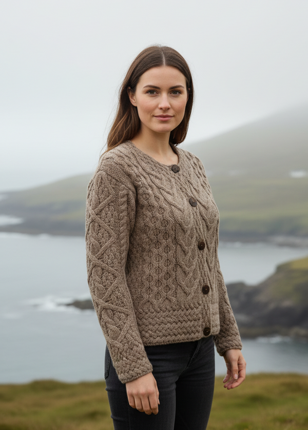Women's Aran Cable Knit Cardigan - Sand | 100% Merino Wool