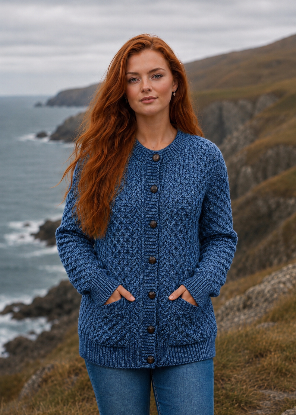 Women's Aran Lumber Cardigan - 100% Merino Wool | Denim Marl
