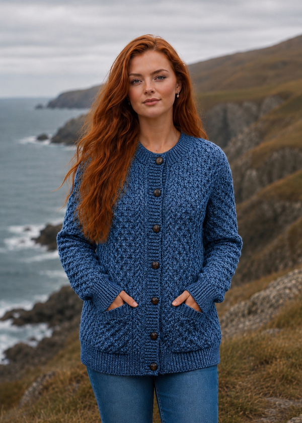 Women's Aran Lumber Cardigan - 100% Merino Wool | Denim Marl