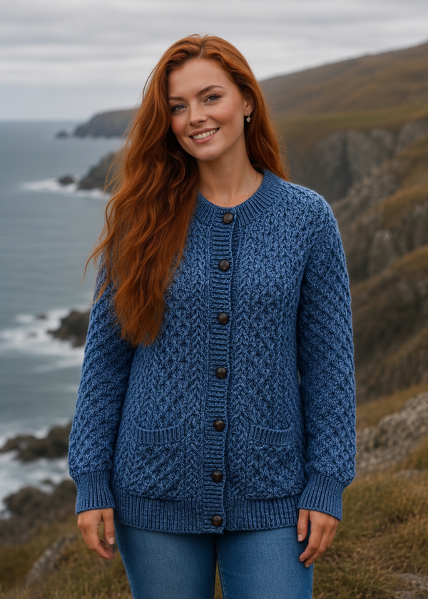 Women's Aran Lumber Cardigan - 100% Merino Wool | Denim Marl