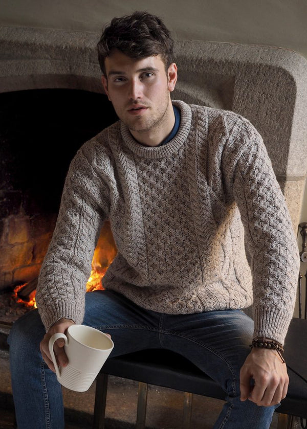 Unisex Traditional Aran Crew Neck Sweater | Oatmeal | Pure Wool