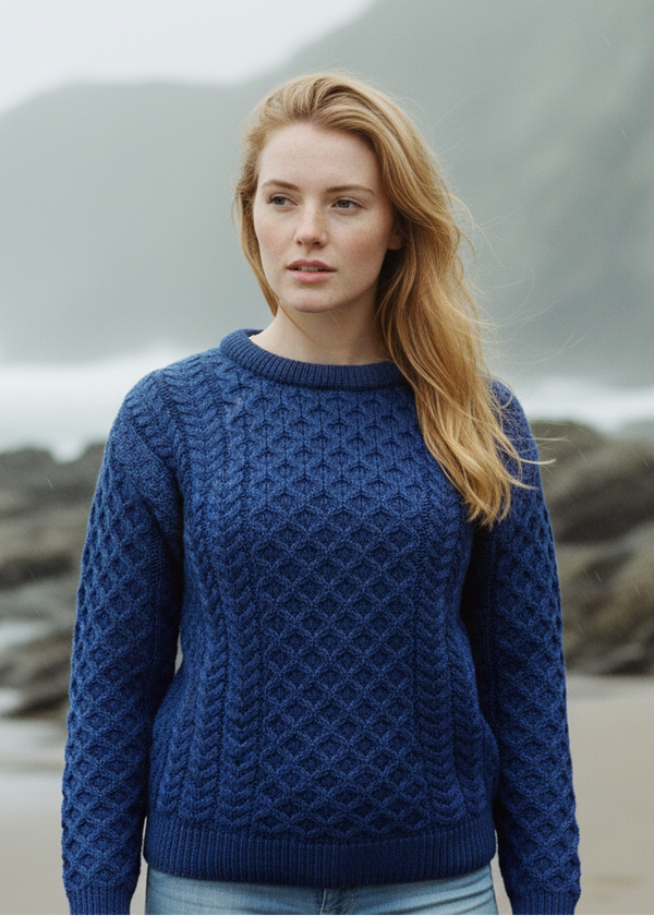 Aran Crew Neck Merino Sweater | Blue