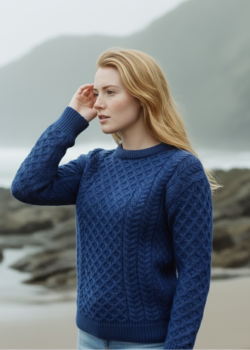 Aran Crew Neck Merino Sweater | Blue