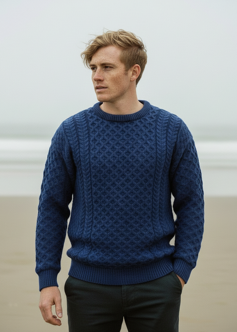 Aran Crew Neck Merino Sweater | Blue