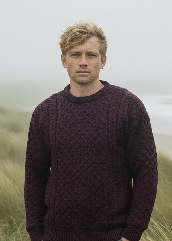 Aran Crew Neck Merino Sweater | Plum
