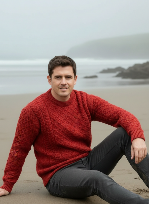 Aran Crew Neck Merino Sweater - Cherry Red | Irish Knitwear