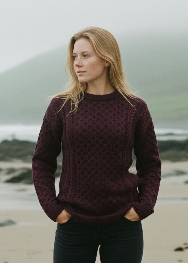 Aran Crew Neck Merino Sweater | Plum