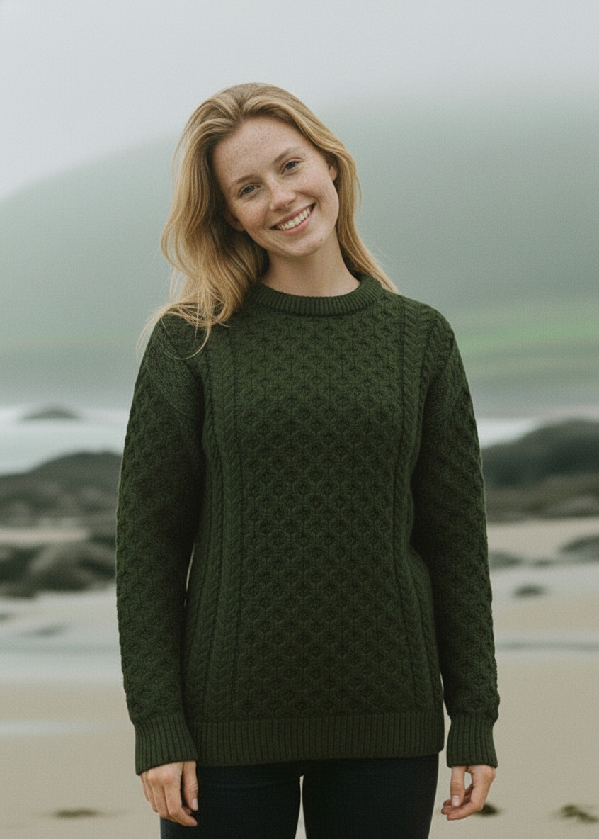 Aran Crew Neck Merino Sweater | Green