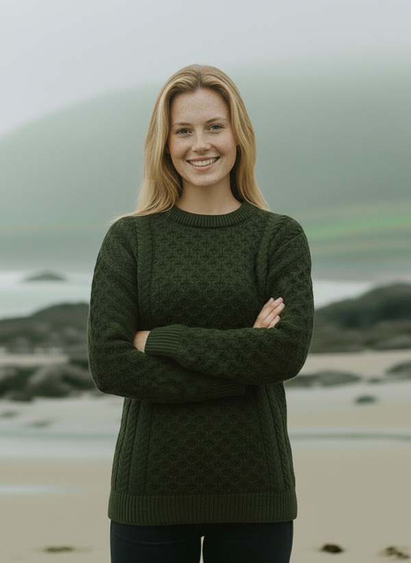 Aran Crew Neck Merino Sweater | Green