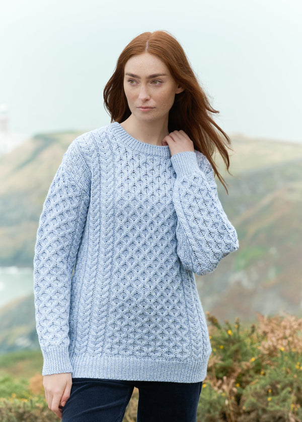 Aran Crew Neck Merino Sweater | Ice Blue