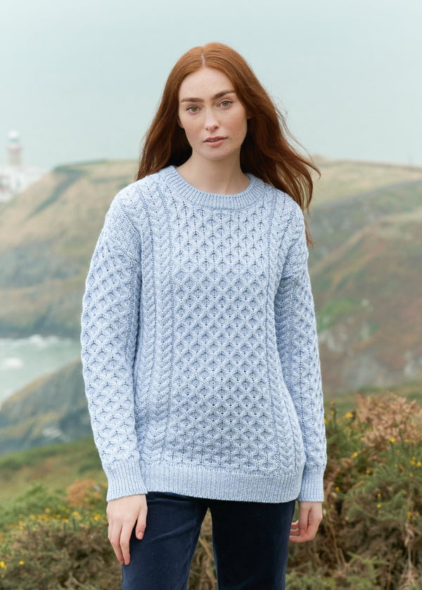 Aran Crew Neck Merino Sweater | Ice Blue