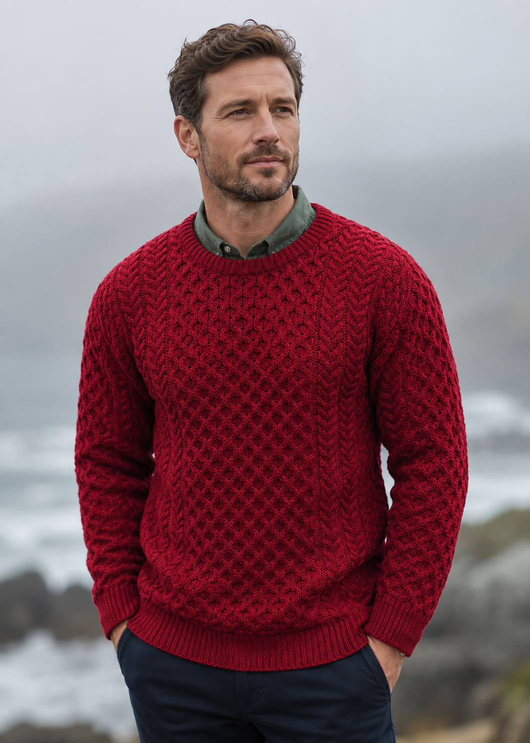 Aran Crew Neck Merino Sweater - Cherry Red | Irish Knitwear