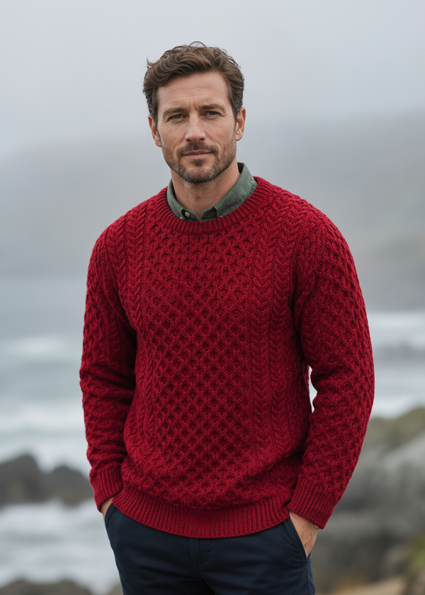 Aran Crew Neck Merino Sweater - Cherry Red | Irish Knitwear