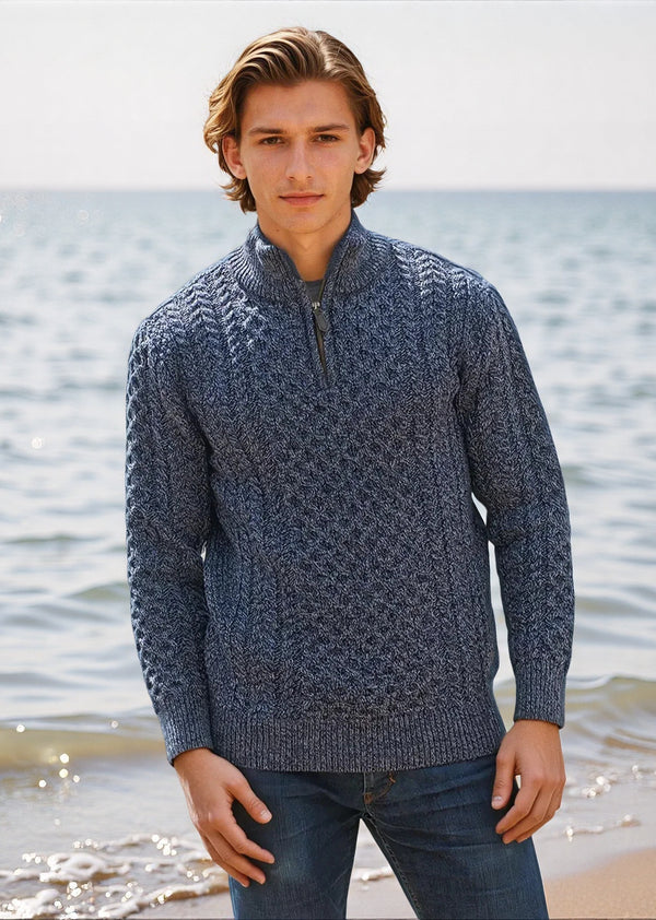 Aran Merino Wool Half Zip Sweater | Denim