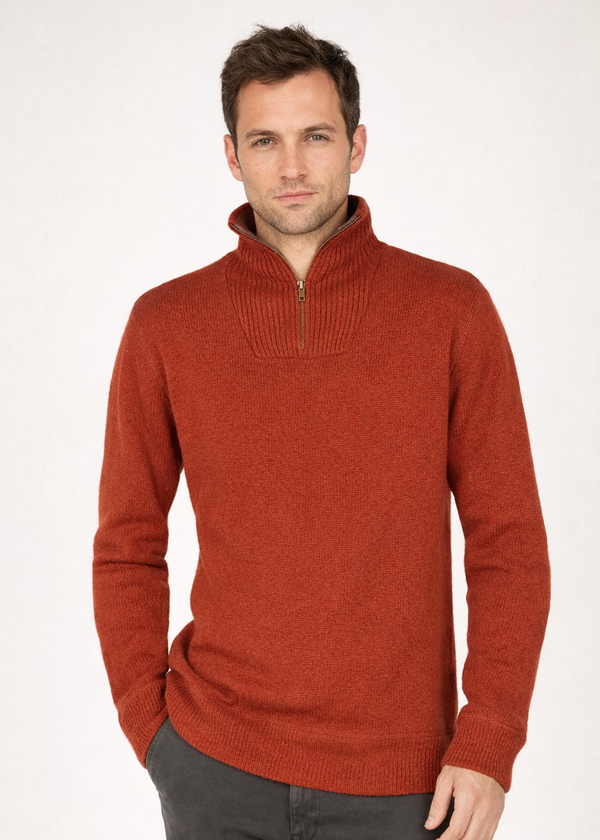 Men's Russet Lambswool Quarter Zip Sweater | Ireland's Eye | Made in Ireland