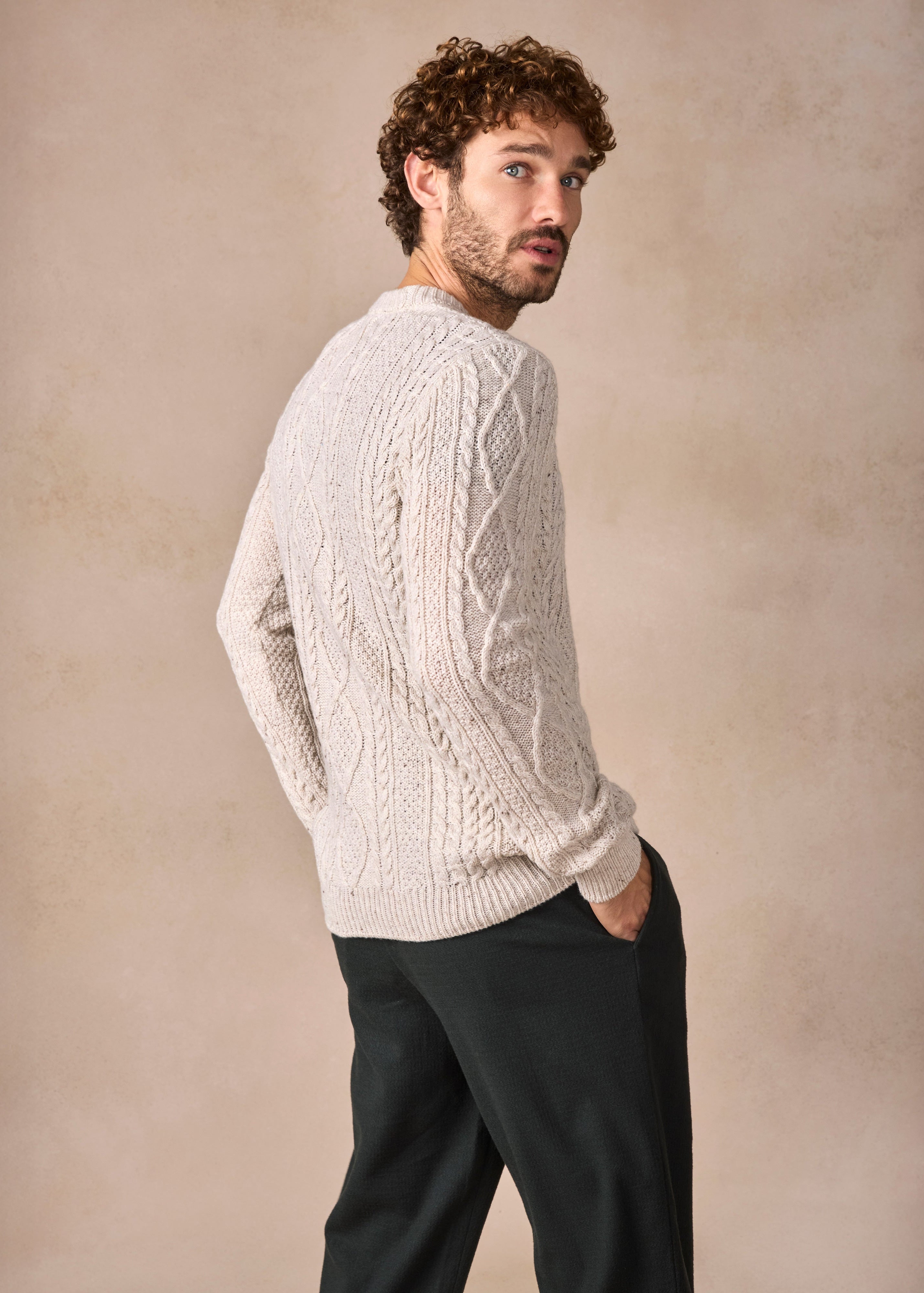 IrelandsEye Lightweight Aran Cashmere Mix Cable Sweater | Chalk