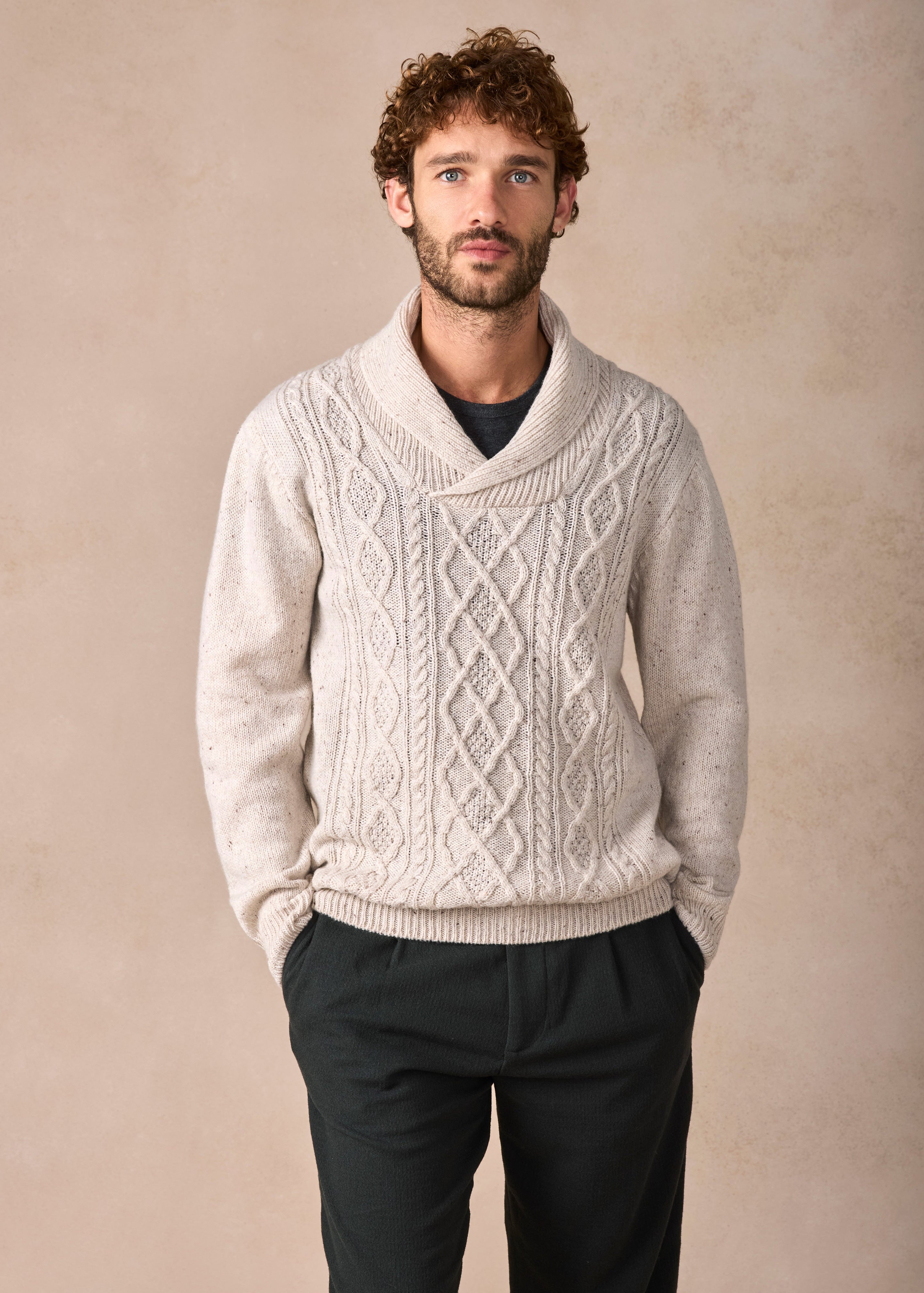 IrelandsEye Lightweight Aran Cashmere Mix Shawl Sweater | Chalk