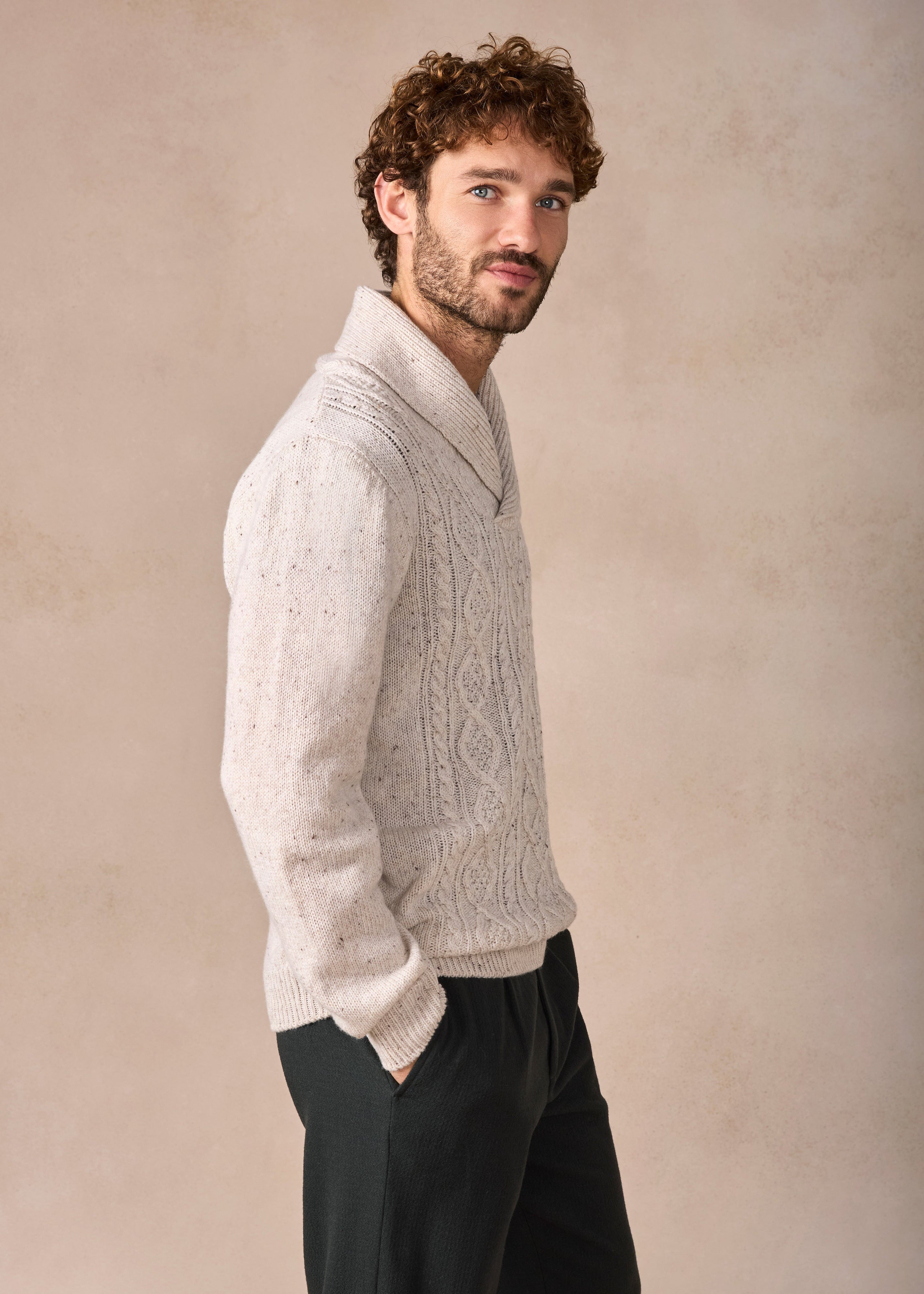 IrelandsEye Lightweight Aran Cashmere Mix Shawl Sweater | Chalk