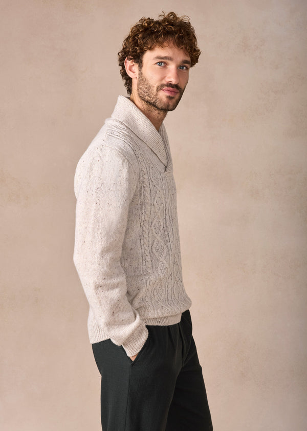 IrelandsEye Lightweight Aran Cashmere Mix Shawl Sweater | Chalk