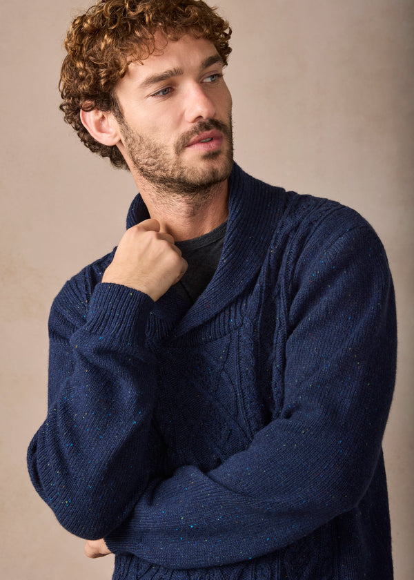 IrelandsEye Lightweight Aran Cashmere Mix Shawl Sweater | Navy