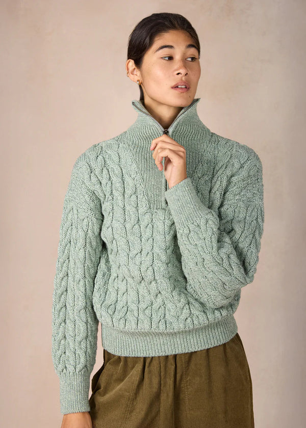 IrelandsEye Women's Cropped Aran Troyer Sweater | Sage Marl