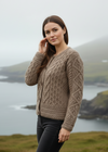 Women's Aran Cable Knit Cardigan - Sand | 100% Merino Wool
