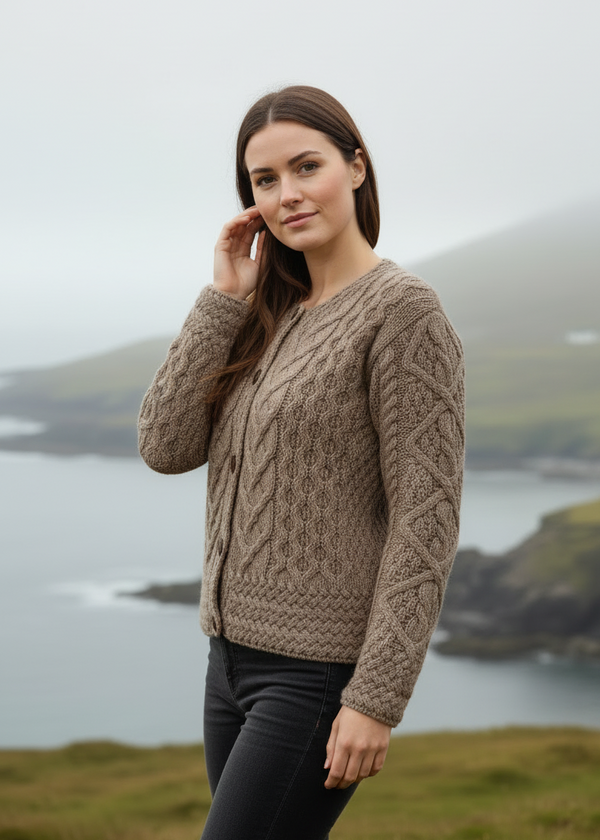 Women's Aran Cable Knit Cardigan - Sand | 100% Merino Wool