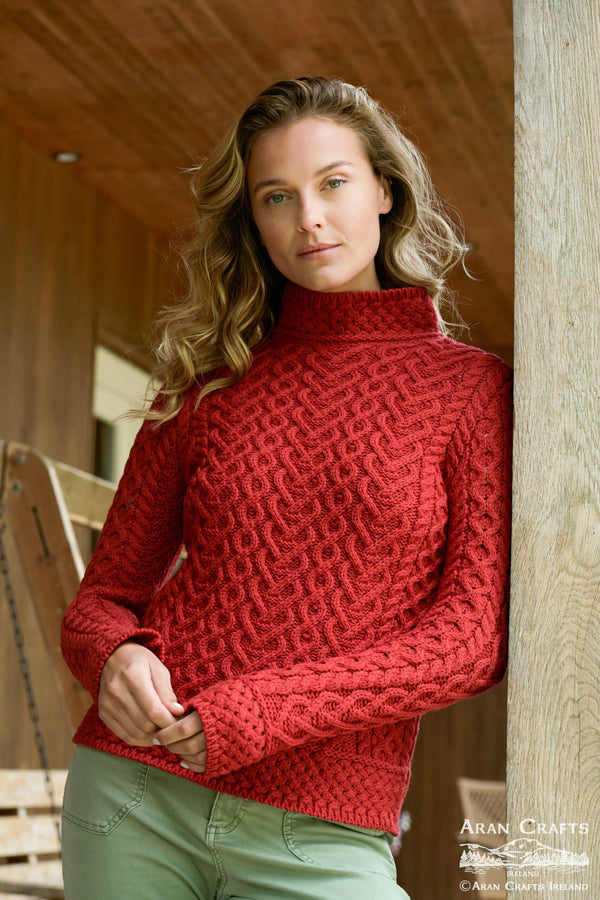 Aran Crafts Hearts High Neck Sweater Red