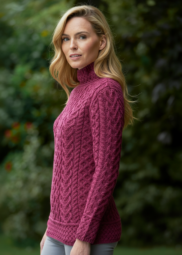 Women's Irish Hearts High Neck Sweater – Magenta | 100% Merino Wool