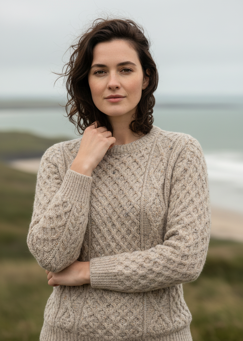 Unisex Aran Wool Sweater | Traditional Irish Knitwear | Flecked Oatmeal