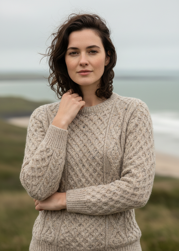 Unisex Aran Wool Sweater | Traditional Irish Knitwear | Flecked Oatmeal