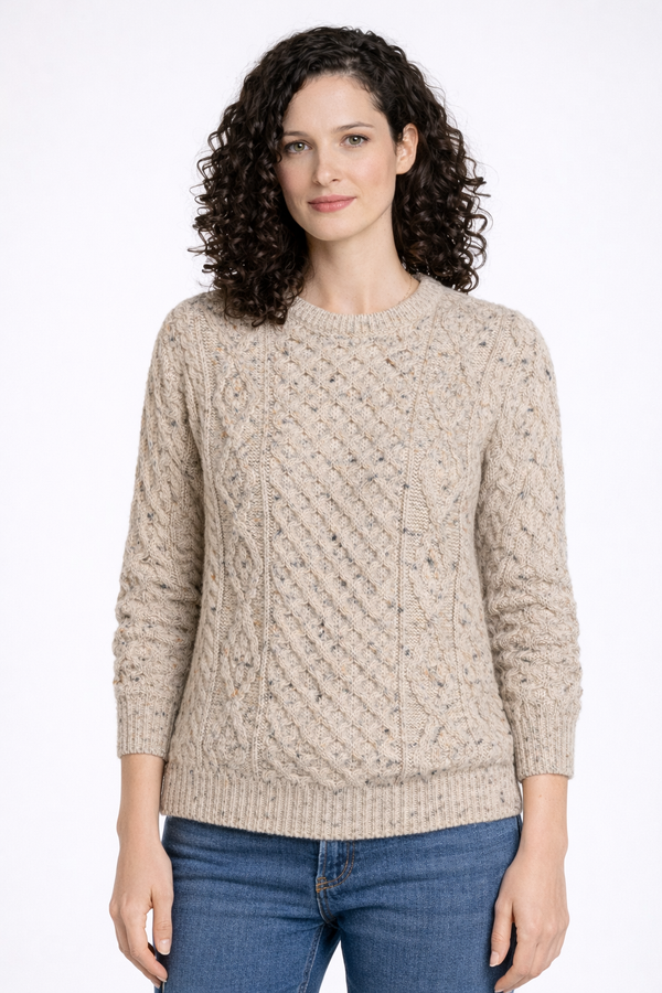 Unisex Aran Wool Sweater | Traditional Irish Knitwear | Flecked Oatmeal