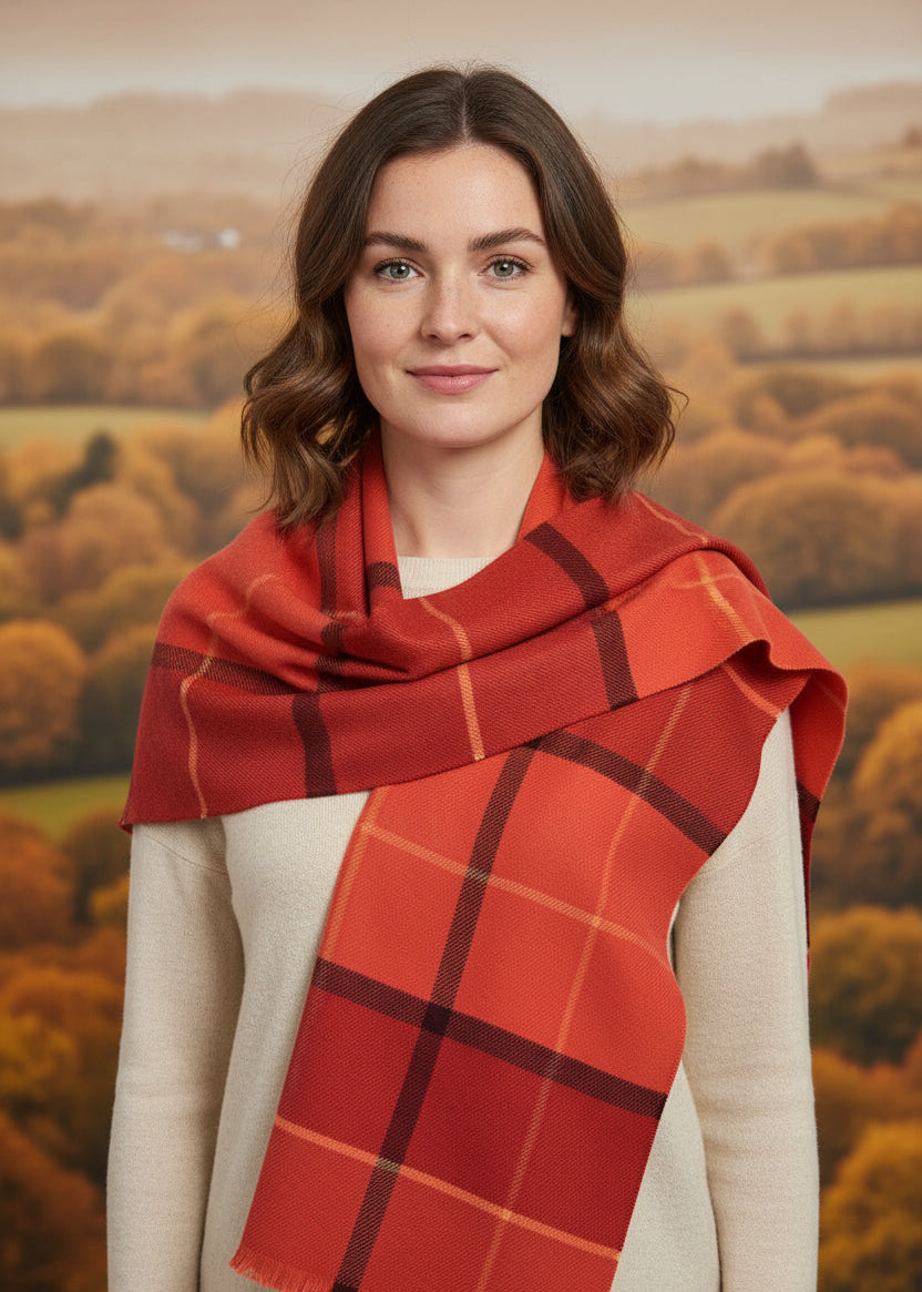 Foxford Giant Merino Scarf | Orange Rust Check