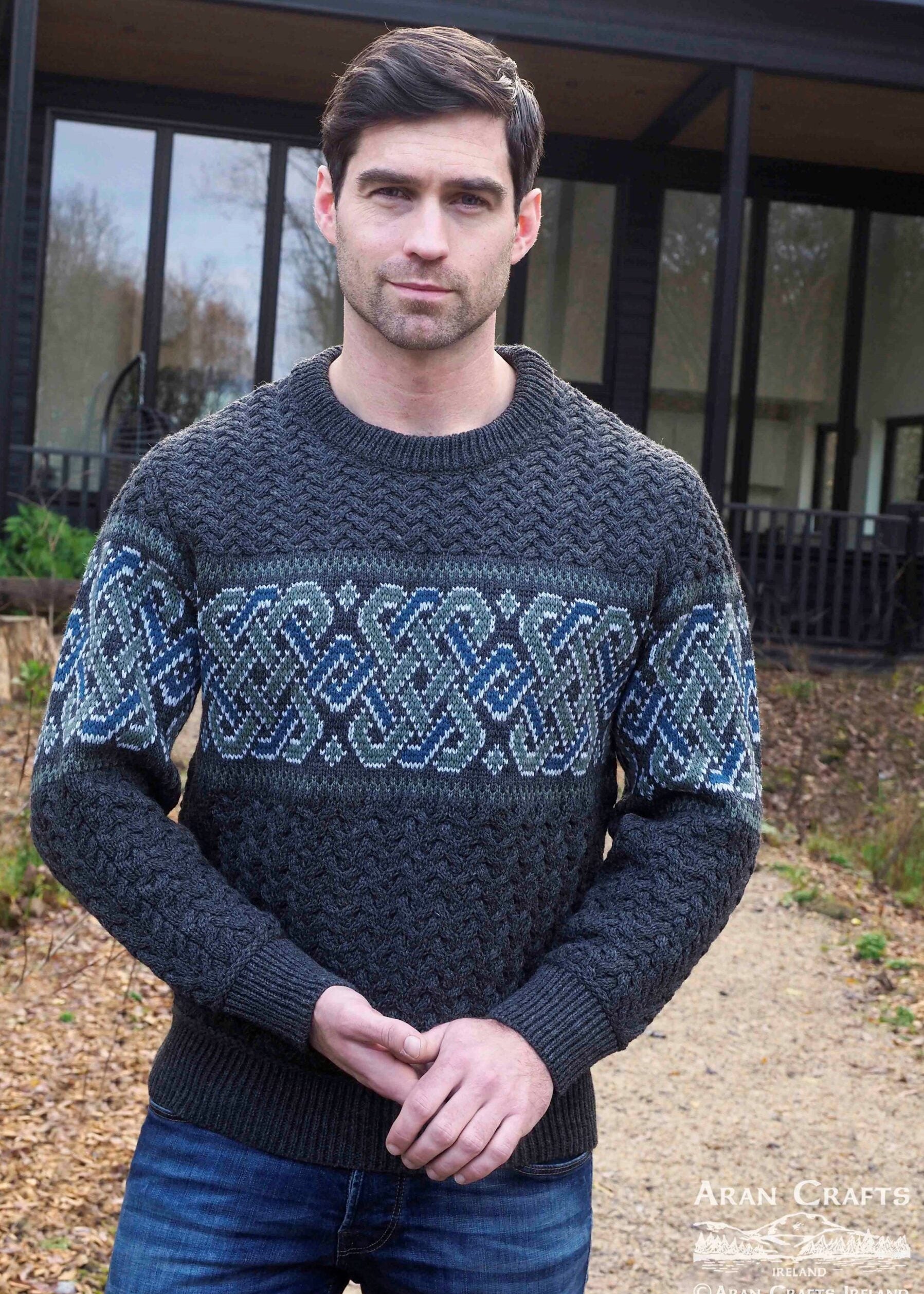 Aran Unisex Jacquard Sweater Charcoal | 100% Merino Wool Irish Knitwear