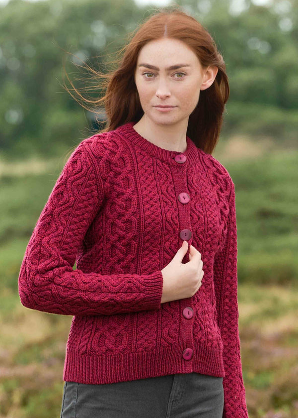 Aran Short Button Cardigan | Fushia