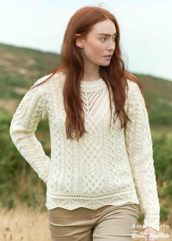 Aran Scallop Lace Stich Sweater | Natural
