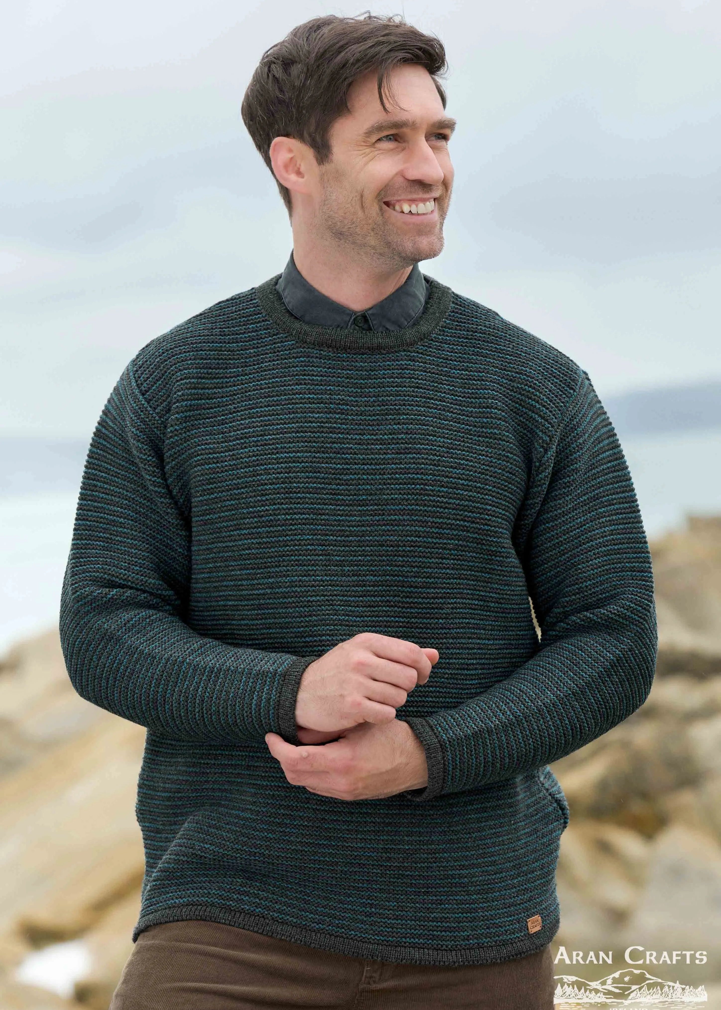 Aran Crafts Men's Merino Wool Striped Crew Neck Sweater | Peacock - Clearance