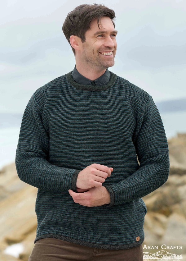 Aran Crafts Men's Merino Wool Striped Crew Neck Sweater | Peacock - Clearance
