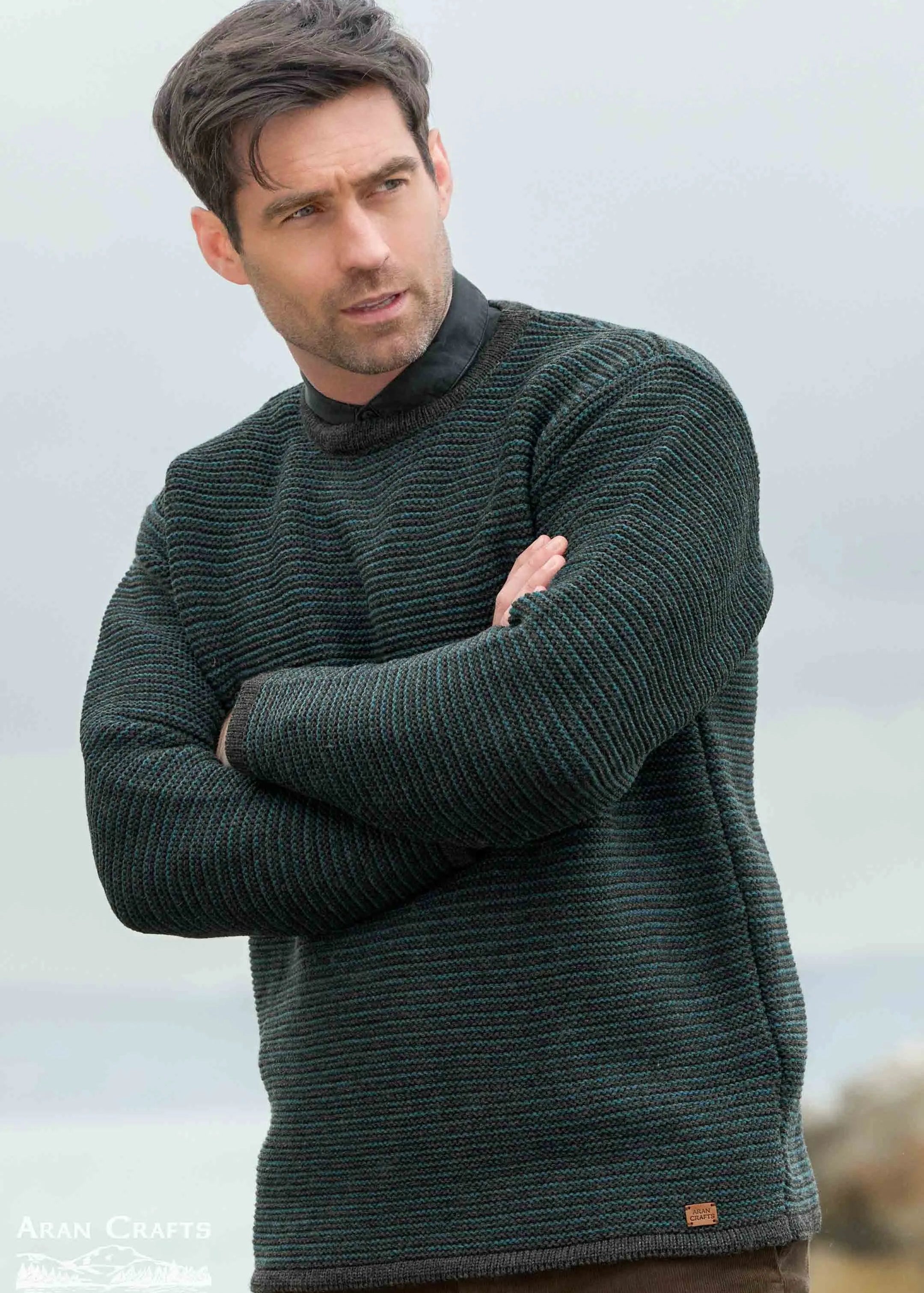 Aran Crafts Men's Merino Wool Striped Crew Neck Sweater | Peacock - Clearance