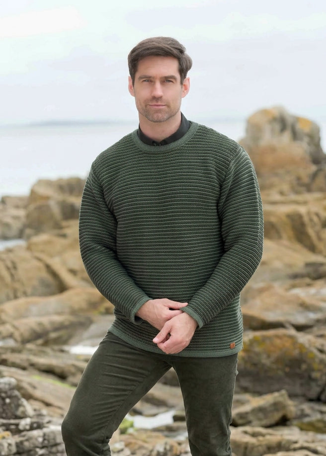 Aran Crafts Men's Merino Wool Striped Crew Neck Sweater | Green - Clearance