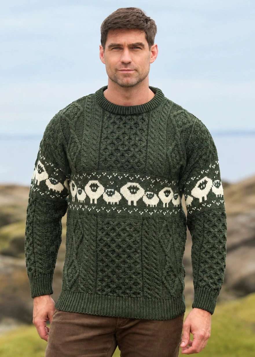 A man wearing a dark green Aran-style cable-knit sweater with a cream sheep pattern across the chest and sleeves, standing outdoors with a blurred coastal background. The Aran Crafts Ireland logo is visible in the bottom right corner.