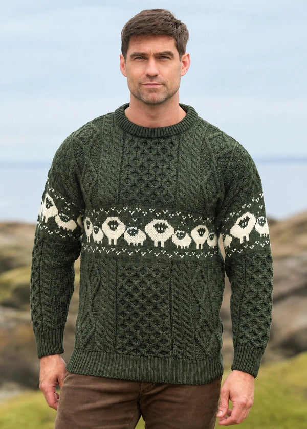 A man wearing a dark green Aran-style cable-knit sweater with a cream sheep pattern across the chest and sleeves, standing outdoors with a blurred coastal background. The Aran Crafts Ireland logo is visible in the bottom right corner.