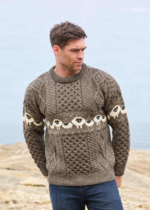 A man wearing a brown and beige Aran-style cable-knit sweater with a sheep pattern across the chest, standing outdoors against a soft-focus background.