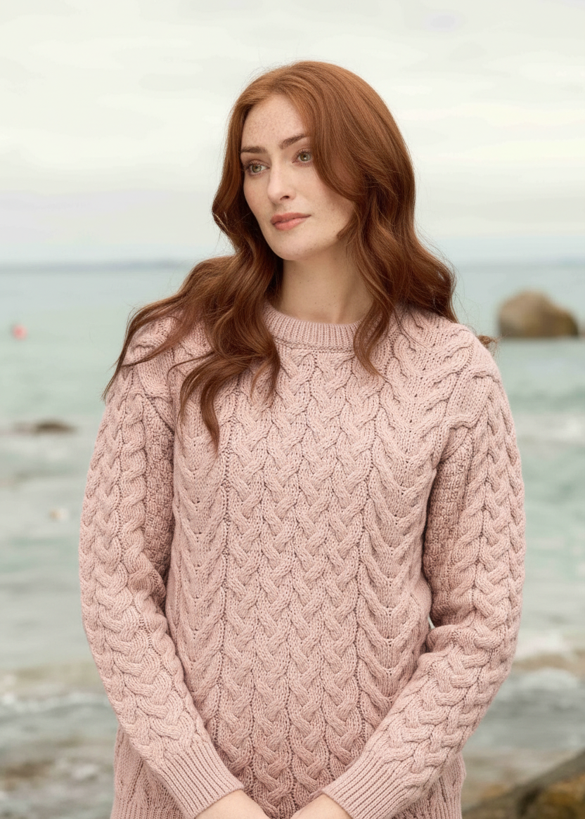 Unisex Aran Merino Wool Buncrana Sweater | Sky Pink