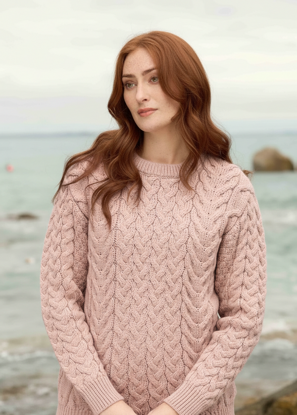 Unisex Aran Merino Wool Buncrana Sweater | Sky Pink