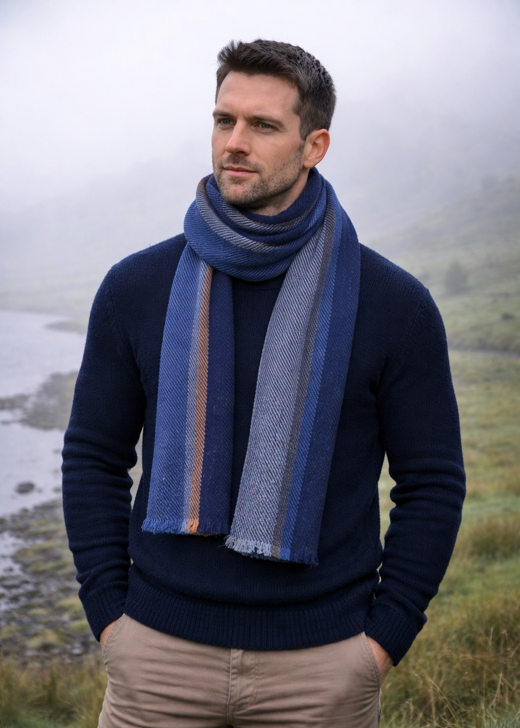 Mucros Donegal Wool Scarf | Denim Blue Herringbone | Made in Ireland